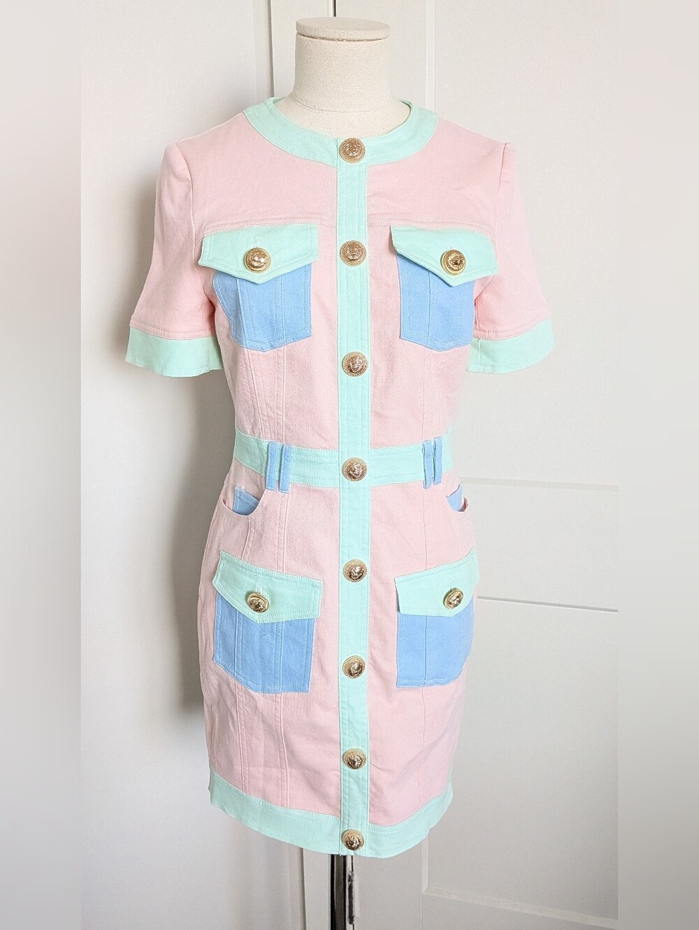 Pastel Color Black Tweed Denim Style Mini Dress Gold Lion Buttons S